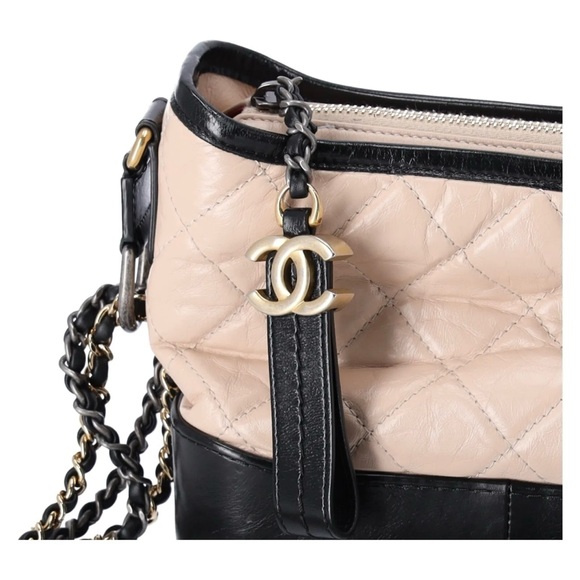 Chanel Small Gabrielle Hobo Bag Black Tan Beige Aged Calfskin Quilted Leather - Picture 10 of 12